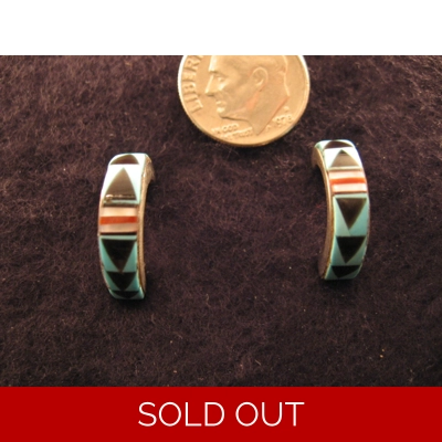 Silver Inlay Post Earrings With Turquoise,Jet & Coral by Fenton Luna